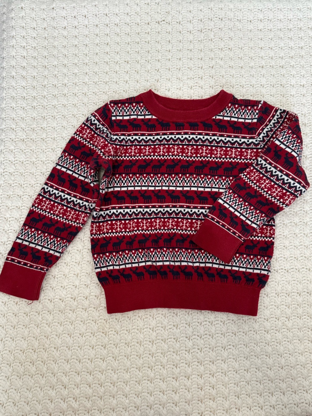 4T Toddler Kid’s Red and Navy Festive Reindeer Knit Cotton Sweater Cottagecore